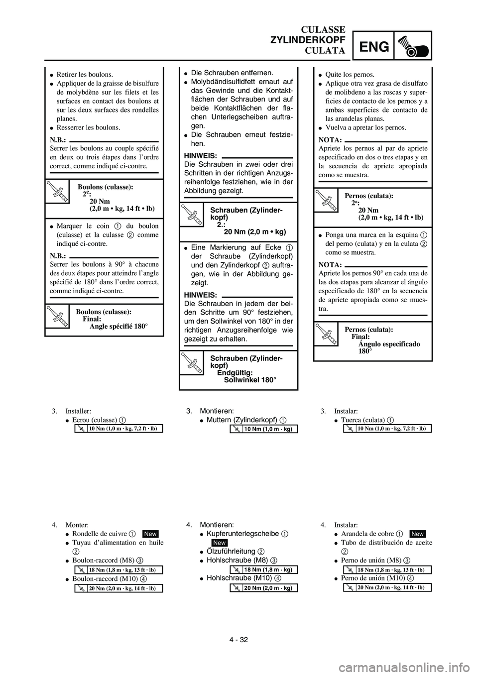 YAMAHA WR 450F 2003  Manuale de Empleo (in Spanish) ENG
 
4 - 32 
 
Die Schrauben entfernen. 
 
Molybdändisulfidfett ernaut auf
das Gewinde und die Kontakt-
flächen der Schrauben und auf
beide Kontaktflächen der fla-
chen Unterlegscheiben auftra-
