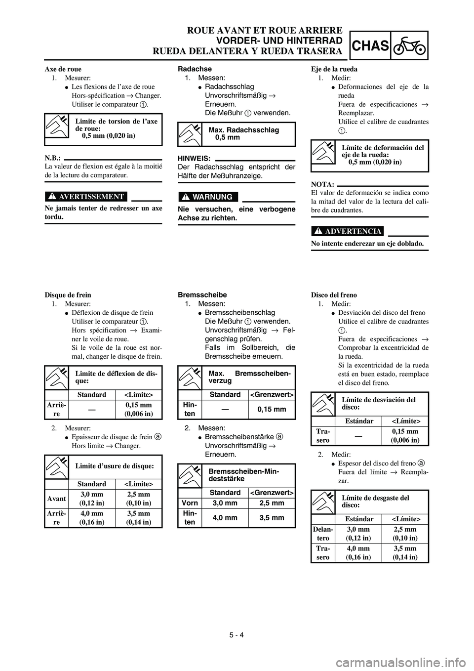 YAMAHA WR 450F 2003  Manuale de Empleo (in Spanish) 5 - 4
CHAS
ROUE AVANT ET ROUE ARRIERE
VORDER- UND HINTERRAD
RUEDA DELANTERA Y RUEDA TRASERA
Radachse
1. Messen:
Radachsschlag
Unvorschriftsmäßig → 
Erneuern.
Die Meßuhr 1 verwenden.
HINWEIS:
Der