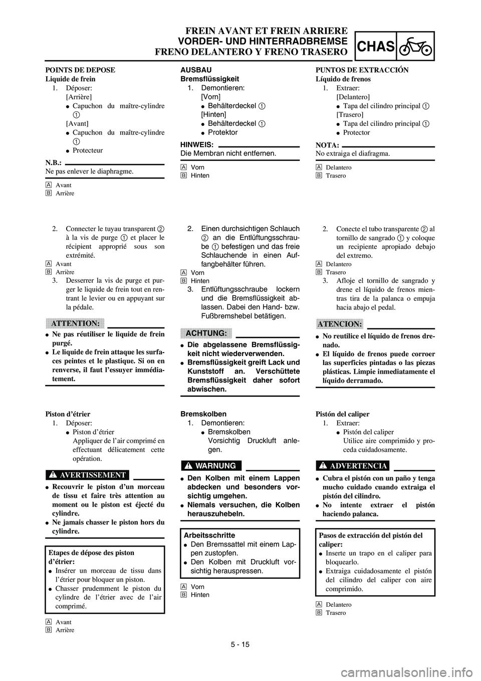 YAMAHA WR 450F 2003  Manuale de Empleo (in Spanish) 5 - 15
CHAS
FREIN AVANT ET FREIN ARRIERE
VORDER- UND HINTERRADBREMSE
FRENO DELANTERO Y FRENO TRASERO
AUSBAU
Bremsflüssigkeit
1. Demontieren:
[Vorn]
Behälterdeckel 1 
[Hinten]
Behälterdeckel 1
Pr