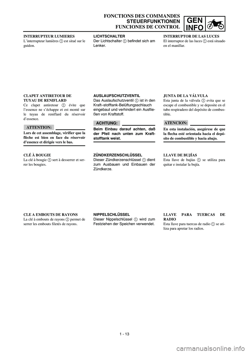 YAMAHA WR 450F 2003  Manuale de Empleo (in Spanish) GEN
INFO
FONCTIONS DES COMMANDES
STEUERFUNKTIONEN
FUNCIONES DE CONTROL
LICHTSCHALTER
Der Lichtschalter 1 befindet sich am
Lenker.
AUSLAUFSCHUTZVENTIL
Das Auslaufschutzventil 1 ist in den
Kraft–stoff