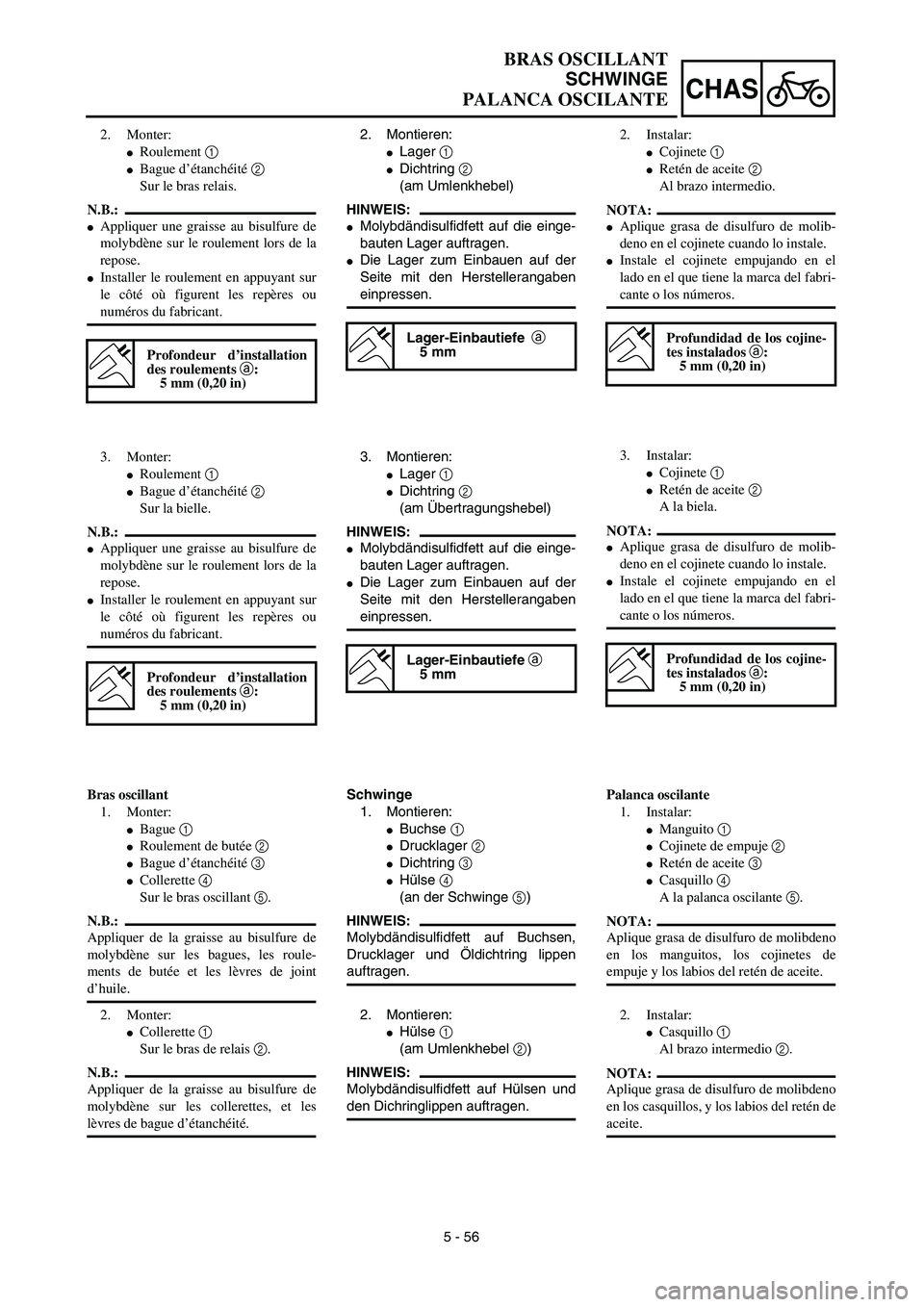 YAMAHA WR 450F 2003  Manuale de Empleo (in Spanish) 5 - 56
CHAS
BRAS OSCILLANT
SCHWINGE
PALANCA OSCILANTE
2. Montieren:
Lager 1 
Dichtring 2 
(am Umlenkhebel)
HINWEIS:
Molybdändisulfidfett auf die einge-
bauten Lager auftragen.
Die Lager zum Einba