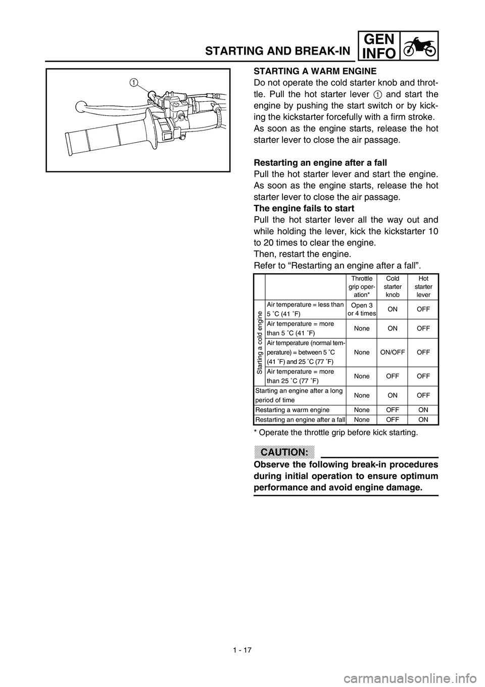 YAMAHA WR 450F 2003  Manuale de Empleo (in Spanish) 1 - 17
GEN
INFO
STARTING AND BREAK-IN
STARTING A WARM ENGINE
Do not operate the cold starter knob and throt-
tle. Pull the hot starter lever 1 and start the
engine by pushing the start switch or by ki