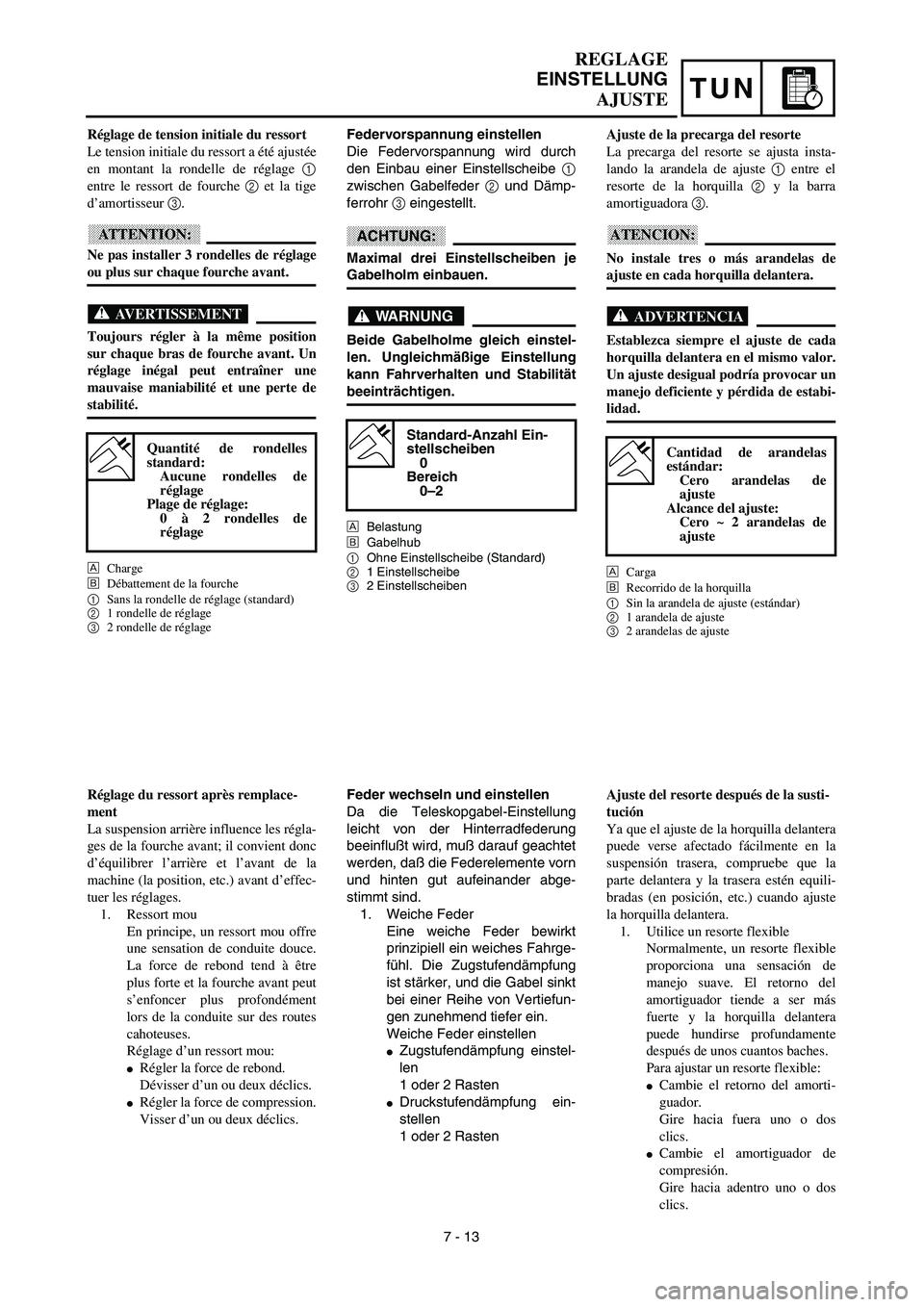 YAMAHA WR 450F 2003  Manuale de Empleo (in Spanish) TUN
REGLAGE
EINSTELLUNG
AJUSTE
Federvorspannung einstellen
Die Federvorspannung wird durch
den Einbau einer Einstellscheibe 1
zwischen Gabelfeder 2 und Dämp-
ferrohr 3 eingestellt.
ACHTUNG:
Maximal d