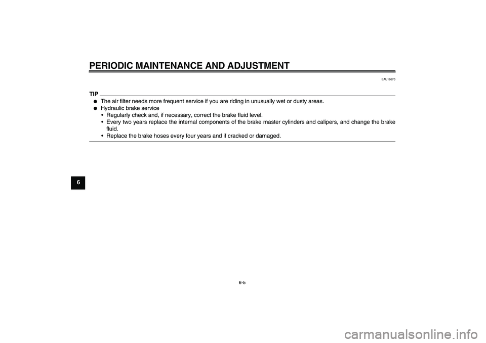 YAMAHA XCITY 125 2009  Owners Manual PERIODIC MAINTENANCE AND ADJUSTMENT
6-5
6
EAU18670
TIP
The air filter needs more frequent service if you are riding in unusually wet or dusty areas.

Hydraulic brake service
Regularly check and, if