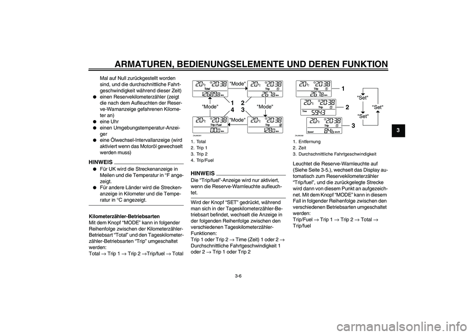YAMAHA XCITY 125 2009  Betriebsanleitungen (in German) ARMATUREN, BEDIENUNGSELEMENTE UND DEREN FUNKTION
3-6
3
Mal auf Null zurückgestellt worden 
sind, und die durchschnittliche Fahrt-
geschwindigkeit während dieser Zeit)

einen Reservekilometerzähler