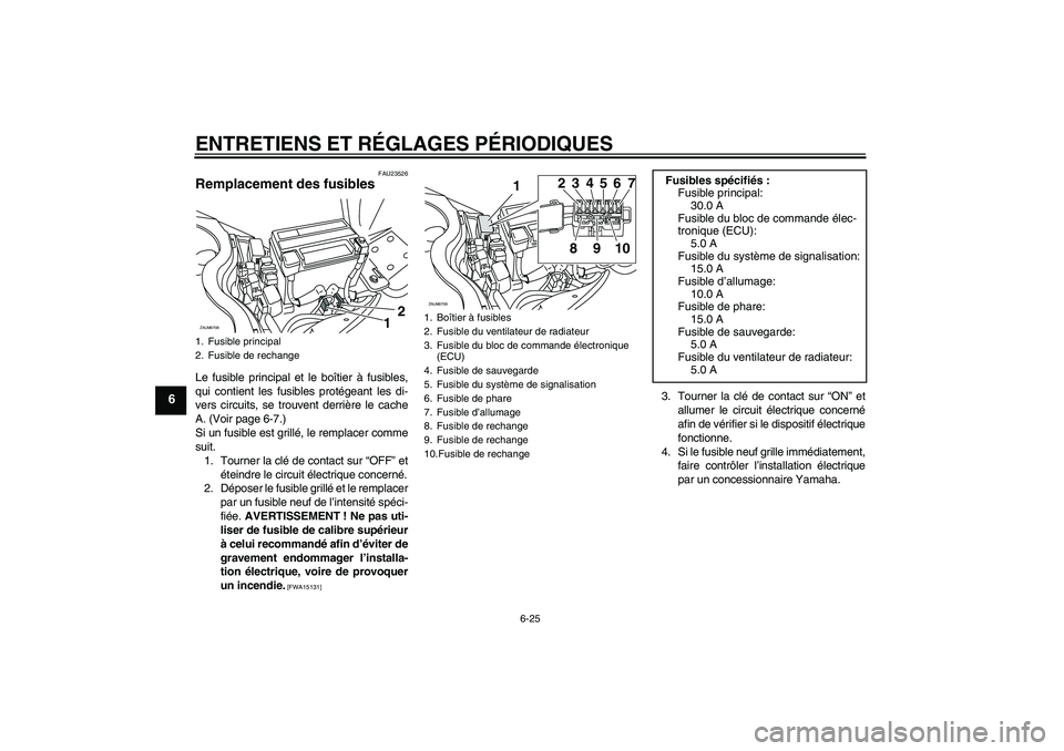 YAMAHA XCITY 125 2009  Notices Demploi (in French) ENTRETIENS ET RÉGLAGES PÉRIODIQUES
6-25
6
FAU23526
Remplacement des fusibles Le fusible principal et le boîtier à fusibles,
qui contient les fusibles protégeant les di-
vers circuits, se trouvent