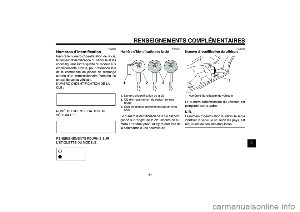 YAMAHA XCITY 125 2009  Notices Demploi (in French) RENSEIGNEMENTS COMPLÉMENTAIRES
9-1
9
FAU26351
Numéros d’identification Inscrire le numéro d’identification de la clé,
le numéro d’identification du véhicule et les
codes figurant sur l’