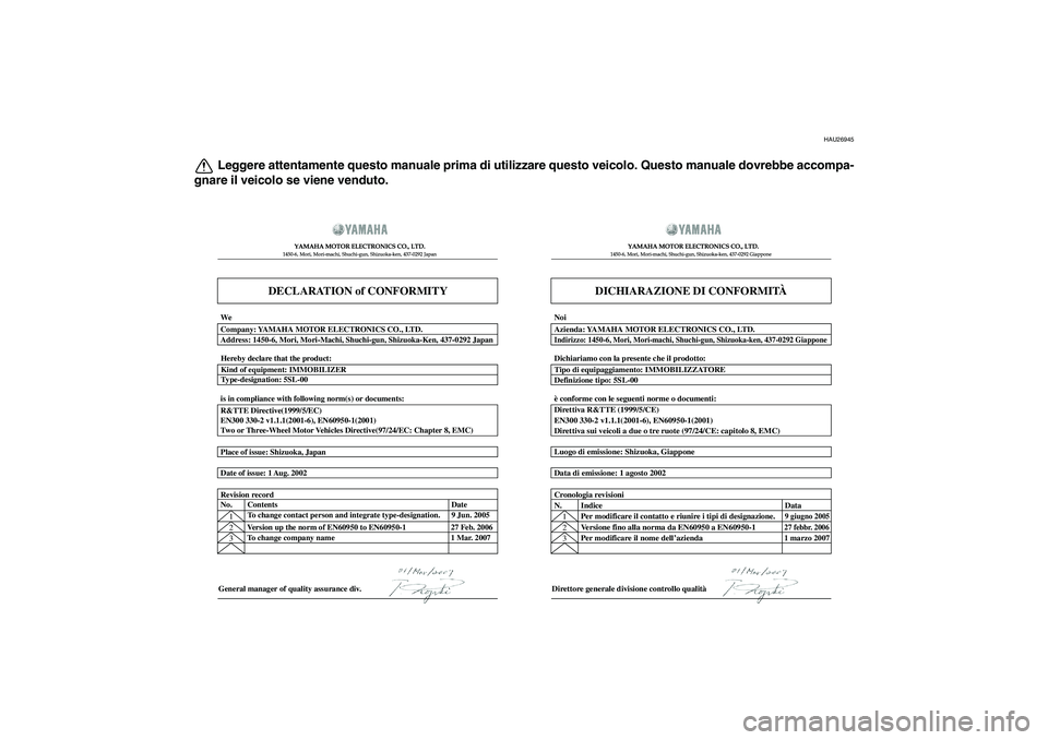 YAMAHA XCITY 125 2009  Manuale duso (in Italian) HAU26945
Leggere attentamente questo manuale prima di utilizzare questo veicolo. Questo manuale dovrebbe accompa-
gnare il veicolo se viene venduto.
DECLARATION of CONFORMITY
YAMAHA MOTOR ELECTRONICS 