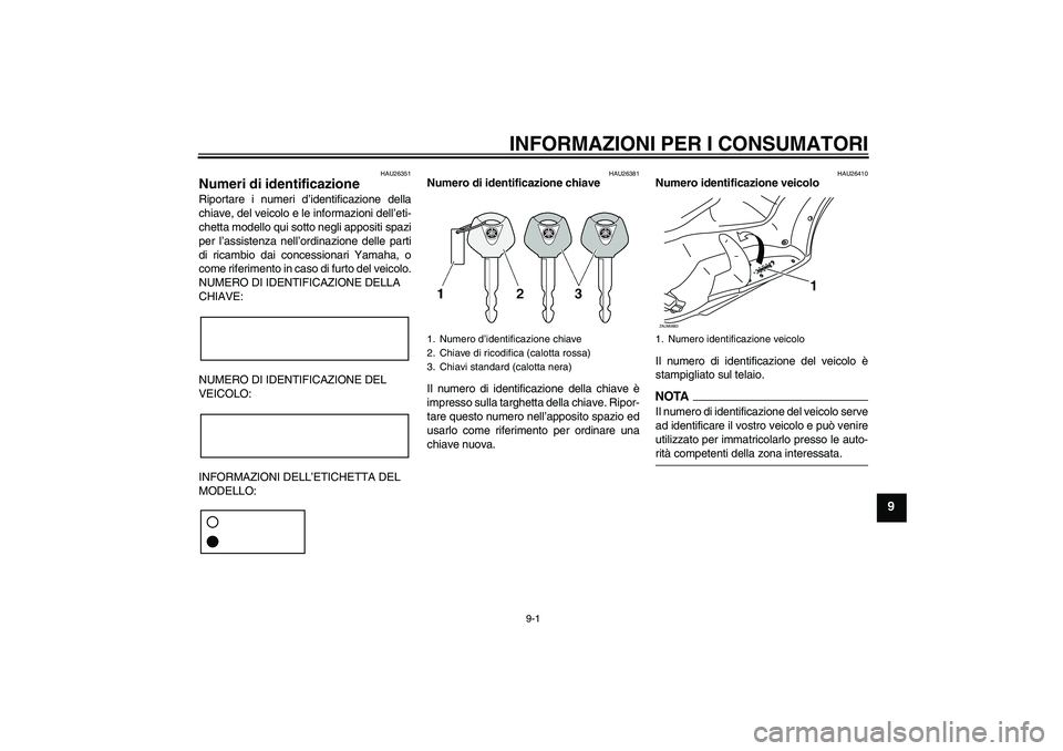 YAMAHA XCITY 125 2009  Manuale duso (in Italian) INFORMAZIONI PER I CONSUMATORI
9-1
9
HAU26351
Numeri di identificazione Riportare i numeri d’identificazione della
chiave, del veicolo e le informazioni dell’eti-
chetta modello qui sotto negli ap