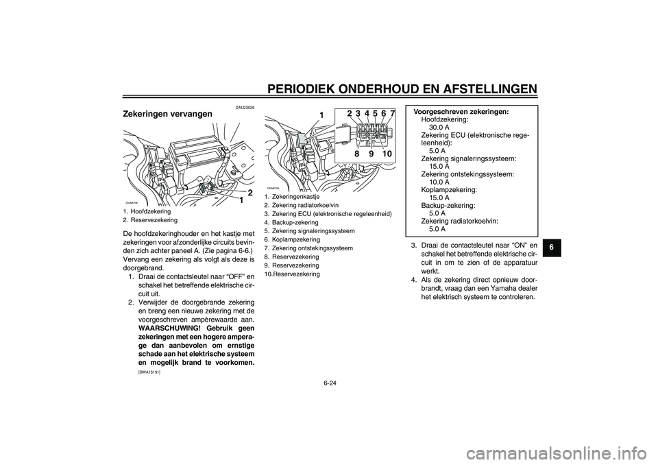YAMAHA XCITY 125 2009  Instructieboekje (in Dutch) PERIODIEK ONDERHOUD EN AFSTELLINGEN
6-24
6
DAU23526
Zekeringen vervangen De hoofdzekeringhouder en het kastje met
zekeringen voor afzonderlijke circuits bevin-
den zich achter paneel A. (Zie pagina 6-