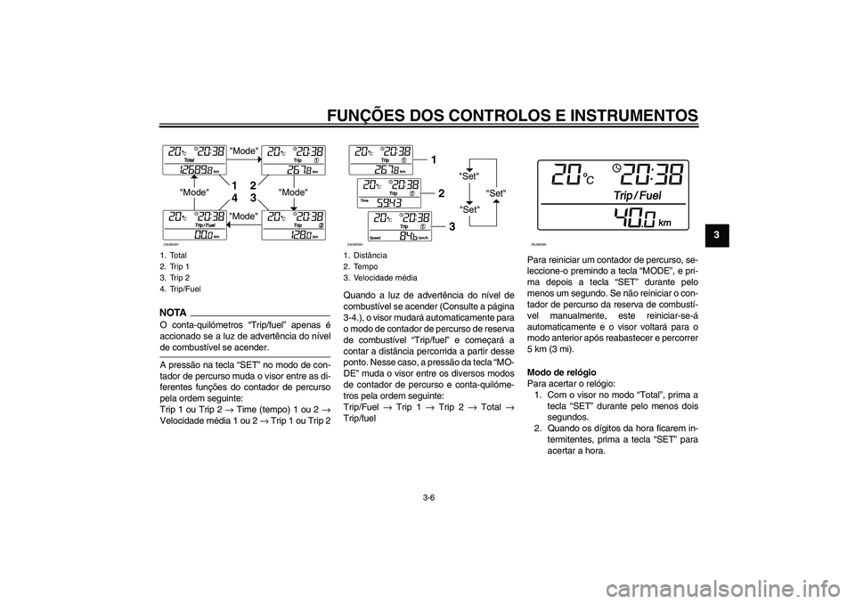 YAMAHA XCITY 125 2009  Manual de utilização (in Portuguese) FUNÇÕES DOS CONTROLOS E INSTRUMENTOS
3-6
3
NOTA
O conta-quilómetros “Trip/fuel” apenas é
accionado se a luz de advertência do nívelde combustível se acender.
A pressão na tecla “SET” n