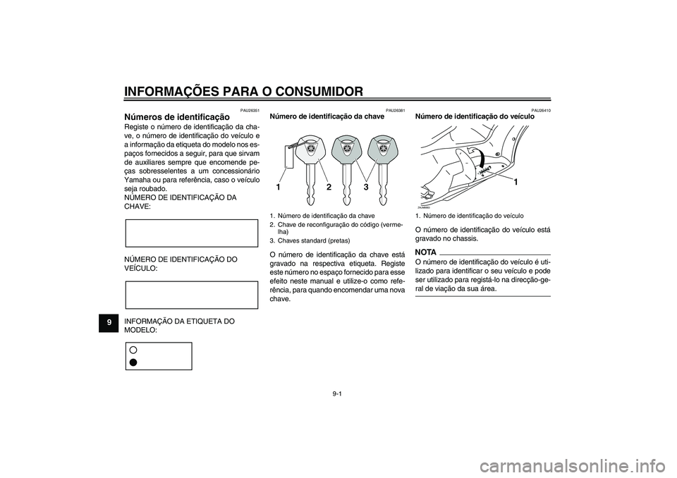 YAMAHA XCITY 125 2009  Manual de utilização (in Portuguese) INFORMAÇÕES PARA O CONSUMIDOR
9-1
9
PAU26351
Números de identificação Registe o número de identificação da cha-
ve, o número de identificação do veículo e
a informação da etiqueta do mod