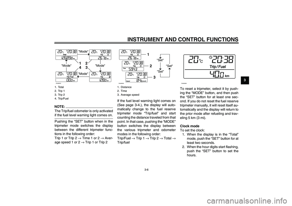 YAMAHA XCITY 125 2008 Owners Manual INSTRUMENT AND CONTROL FUNCTIONS
3-6
3
NOTE:
The Trip/fuel odometer is only activatedif the fuel level warning light comes on.
Pushing the “SET” button when in the
tripmeter mode switches the disp