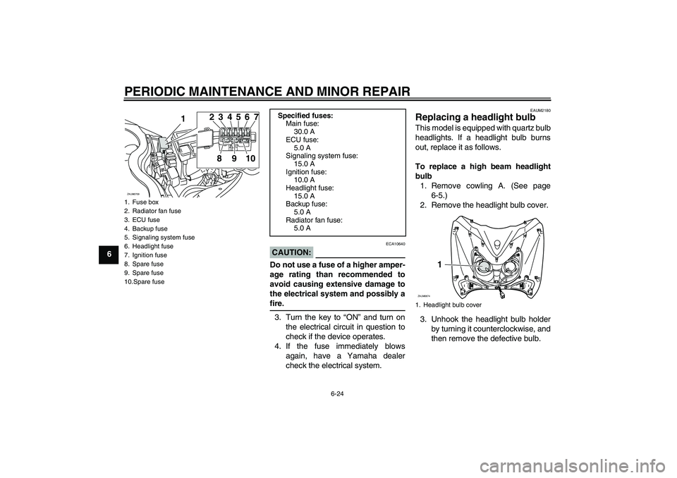 YAMAHA XCITY 125 2008 Repair Manual PERIODIC MAINTENANCE AND MINOR REPAIR
6-24
6
CAUTION:
ECA10640
Do not use a fuse of a higher amper-
age rating than recommended to
avoid causing extensive damage to
the electrical system and possibly 