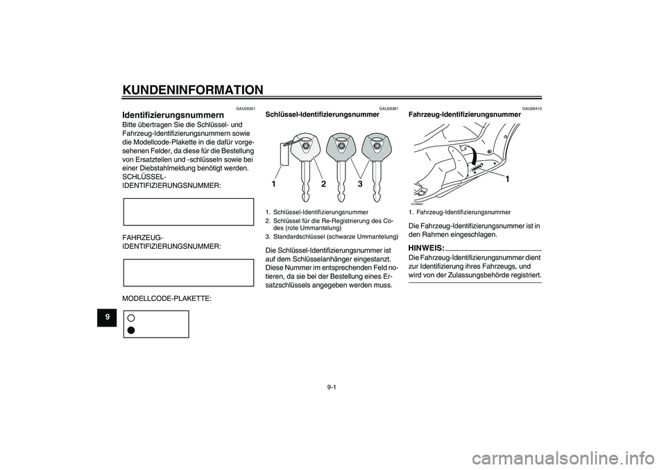 YAMAHA XCITY 125 2008  Betriebsanleitungen (in German) KUNDENINFORMATION
9-1
9
GAU26351
Identifizierungsnummern Bitte übertragen Sie die Schlüssel- und 
Fahrzeug-Identifizierungsnummern sowie 
die Modellcode-Plakette in die dafür vorge-
sehenen Felder,
