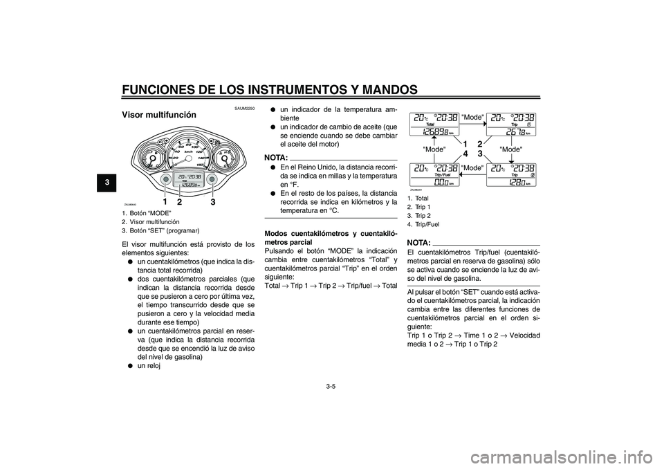 YAMAHA XCITY 125 2008  Manuale de Empleo (in Spanish) FUNCIONES DE LOS INSTRUMENTOS Y MANDOS
3-5
3
SAUM2250
Visor multifunción El visor multifunción está provisto de los
elementos siguientes:
un cuentakilómetros (que indica la dis-
tancia total reco
