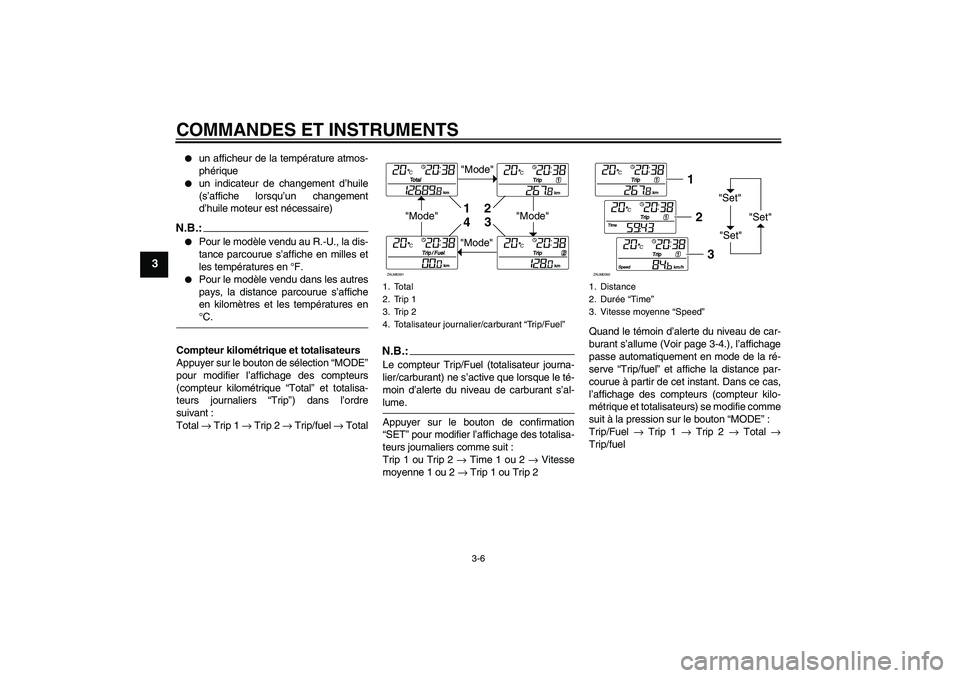 YAMAHA XCITY 125 2008  Notices Demploi (in French) COMMANDES ET INSTRUMENTS
3-6
3

un afficheur de la température atmos-
phérique

un indicateur de changement d’huile
(s’affiche lorsqu’un changement
d’huile moteur est nécessaire)
N.B.:
P