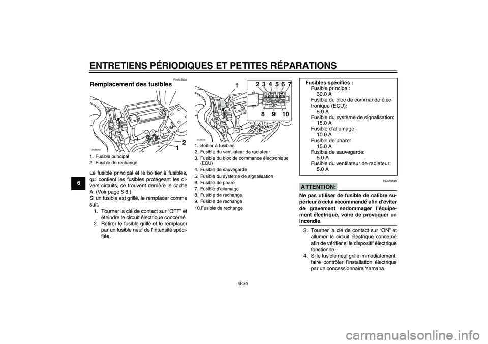 YAMAHA XCITY 125 2008  Notices Demploi (in French) ENTRETIENS PÉRIODIQUES ET PETITES RÉPARATIONS
6-24
6
FAU23525
Remplacement des fusibles Le fusible principal et le boîtier à fusibles,
qui contient les fusibles protégeant les di-
vers circuits, 