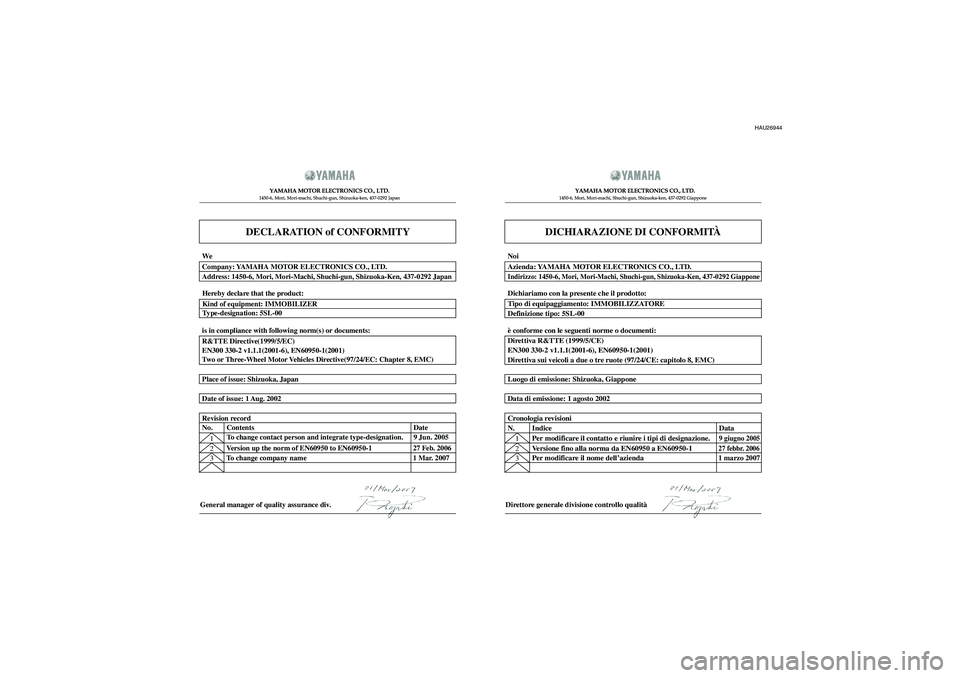 YAMAHA XCITY 125 2008  Manuale duso (in Italian) HAU26944
DECLARATION of CONFORMITY
YAMAHA MOTOR ELECTRONICS CO., LTD.1450-6, Mori, Mori-machi, Shuchi-gun, Shizuoka-ken, 437-0292 Japan
General manager of quality assurance div.
DICHIARAZIONE DI CONFO