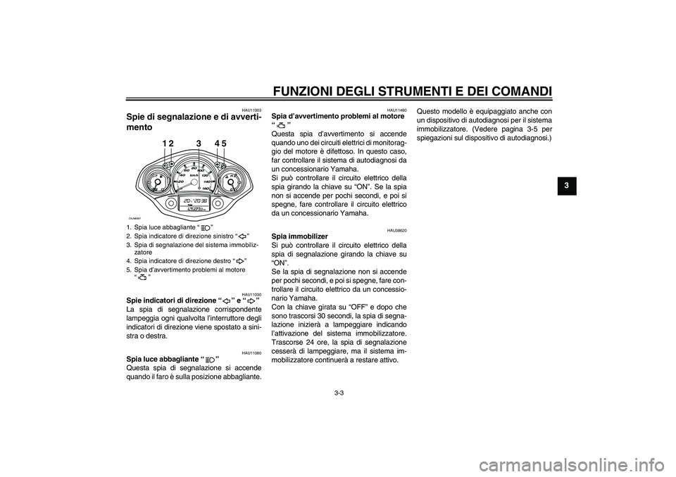 YAMAHA XCITY 125 2008  Manuale duso (in Italian) FUNZIONI DEGLI STRUMENTI E DEI COMANDI
3-3
3
HAU11003
Spie di segnalazione e di avverti-
mento 
HAU11030
Spie indicatori di direzione “” e “” 
La spia di segnalazione corrispondente
lampeggia 