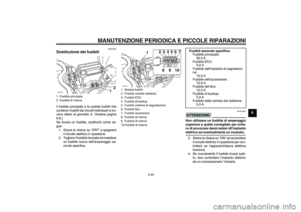 YAMAHA XCITY 125 2008  Manuale duso (in Italian) MANUTENZIONE PERIODICA E PICCOLE RIPARAZIONI
6-24
6
HAU23525
Sostituzione dei fusibili Il fusibile principale e la scatola fusibili che
contiene i fusibili dei circuiti individuali si tro-
vano dietro