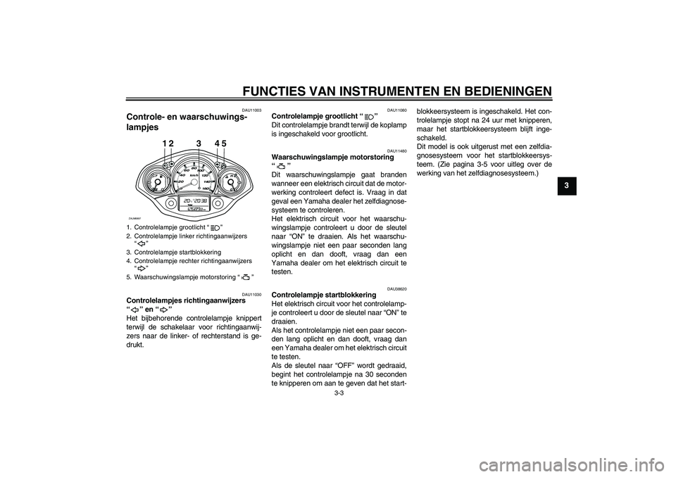 YAMAHA XCITY 125 2008  Instructieboekje (in Dutch) FUNCTIES VAN INSTRUMENTEN EN BEDIENINGEN
3-3
3
DAU11003
Controle- en waarschuwings-
lampjes 
DAU11030
Controlelampjes richtingaanwijzers 
“” en “” 
Het bijbehorende controlelampje knippert
ter