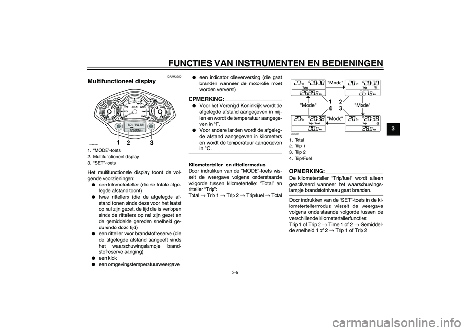 YAMAHA XCITY 125 2008  Instructieboekje (in Dutch) FUNCTIES VAN INSTRUMENTEN EN BEDIENINGEN
3-5
3
DAUM2250
Multifunctioneel display Het multifunctionele display toont de vol-
gende voorzieningen:
een kilometerteller (die de totale afge-
legde afstand