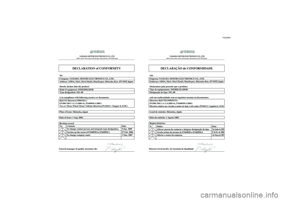 YAMAHA XCITY 125 2008  Manual de utilização (in Portuguese) PAU26944
DECLARATION of CONFORMITY
YAMAHA MOTOR ELECTRONICS CO., LTD.1450-6, Mori, Mori-machi, Shuchi-gun, Shizuoka-ken, 437-0292 Japan
General manager of quality assurance div.
DECLARAÇÃO de CONFOR