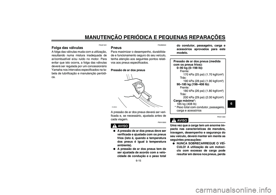 YAMAHA XCITY 125 2008 Manual de utilização (in Portuguese) MANUTENÇÃO PERIÓDICA E PEQUENAS REPARAÇÕES
6-15
6
PAU21401
Folga das válvulas A folga das válvulas muda com a utilização,
resultando numa mistura inadequada de
ar/combustível e/ou ruído no YAMAHA XCITY 125 2008 Manual de utilização (in Portuguese) MANUTENÇÃO PERIÓDICA E PEQUENAS REPARAÇÕES
6-15
6
PAU21401
Folga das válvulas A folga das válvulas muda com a utilização,
resultando numa mistura inadequada de
ar/combustível e/ou ruído no