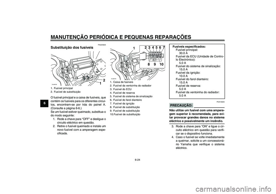 YAMAHA XCITY 125 2008  Manual de utilização (in Portuguese) MANUTENÇÃO PERIÓDICA E PEQUENAS REPARAÇÕES
6-24
6
PAU23525
Substituição dos fusíveis O fusível principal e a caixa de fusíveis, que
contém os fusíveis para os diferentes circui-
tos, encon