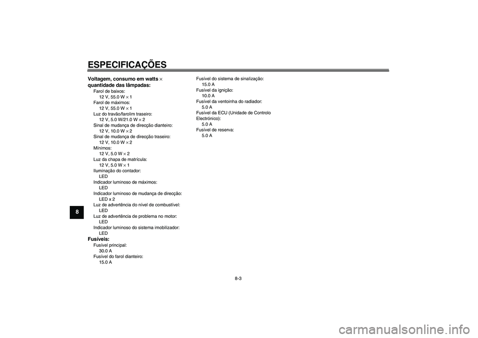 YAMAHA XCITY 125 2008 Manual de utilização (in Portuguese) ESPECIFICAÇÕES
8-3
8
Voltagem, consumo em watts ×
quantidade das lâmpadas:Farol de baixos:
12 V, 55.0 W × 1
Farol de máximos:
12 V, 55.0 W × 1
Luz do travão/farolim traseiro:
12 V, 5.0 W/21.0 YAMAHA XCITY 125 2008 Manual de utilização (in Portuguese) ESPECIFICAÇÕES
8-3
8
Voltagem, consumo em watts ×
quantidade das lâmpadas:Farol de baixos:
12 V, 55.0 W × 1
Farol de máximos:
12 V, 55.0 W × 1
Luz do travão/farolim traseiro:
12 V, 5.0 W/21.0