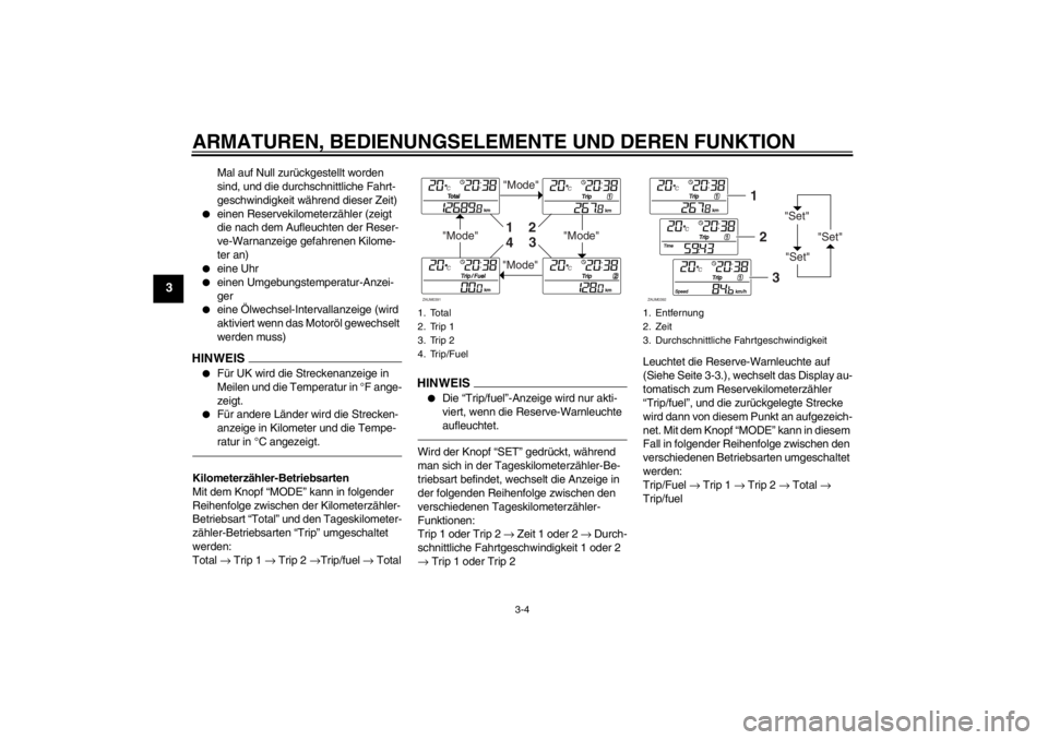 YAMAHA XCITY 250 2013  Betriebsanleitungen (in German) ARMATUREN, BEDIENUNGSELEMENTE UND DEREN FUNKTION
3-4
3
Mal auf Null zurückgestellt worden 
sind, und die durchschnittliche Fahrt-
geschwindigkeit während dieser Zeit)
●
einen Reservekilometerzähl