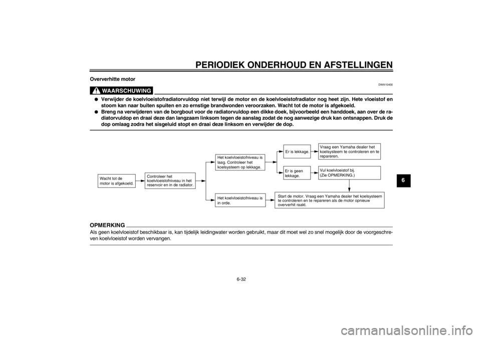 YAMAHA XCITY 250 2013  Instructieboekje (in Dutch) PERIODIEK ONDERHOUD EN AFSTELLINGEN
6-32
6
Oververhitte motor
WAARSCHUWING
DWA10400
●
Verwijder de koelvloeistofradiatorvuldop niet terwijl de motor en de koelvloeistofradiator nog heet zijn. Hete v