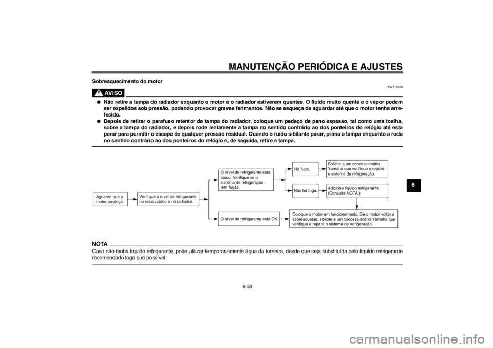 YAMAHA XCITY 250 2012 Manual de utilização (in Portuguese) MANUTENÇÃO PERIÓDICA E AJUSTES
6-33
6
Sobreaquecimento do motor
AV I S O
PWA10400
●
Não retire a tampa do radiador enquanto o motor e o radiador estiverem quentes. O fluido muito quente e o vapo YAMAHA XCITY 250 2012 Manual de utilização (in Portuguese) MANUTENÇÃO PERIÓDICA E AJUSTES
6-33
6
Sobreaquecimento do motor
AV I S O
PWA10400
●
Não retire a tampa do radiador enquanto o motor e o radiador estiverem quentes. O fluido muito quente e o vapo
