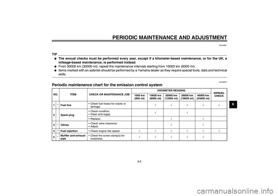 YAMAHA XCITY 250 2010  Owners Manual PERIODIC MAINTENANCE AND ADJUSTMENT
6-2
6
EAU46861
TIP
The annual checks must be performed every year, except if a kilometer-based maintenance, or for the UK, a
mileage-based maintenance, is performe