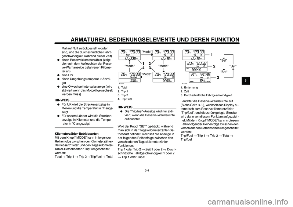 YAMAHA XCITY 250 2010  Betriebsanleitungen (in German) ARMATUREN, BEDIENUNGSELEMENTE UND DEREN FUNKTION
3-4
3
Mal auf Null zurückgestellt worden 
sind, und die durchschnittliche Fahrt-
geschwindigkeit während dieser Zeit)

einen Reservekilometerzähler