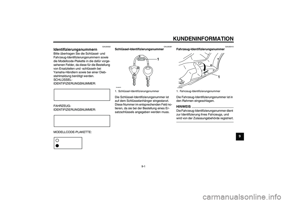 YAMAHA XCITY 250 2010  Betriebsanleitungen (in German) KUNDENINFORMATION
9-1
9
GAU26352
Identifizierungsnummern Bitte übertragen Sie die Schlüssel- und 
Fahrzeug-Identifizierungsnummern sowie 
die Modellcode-Plakette in die dafür vorge-
sehenen Felder,
