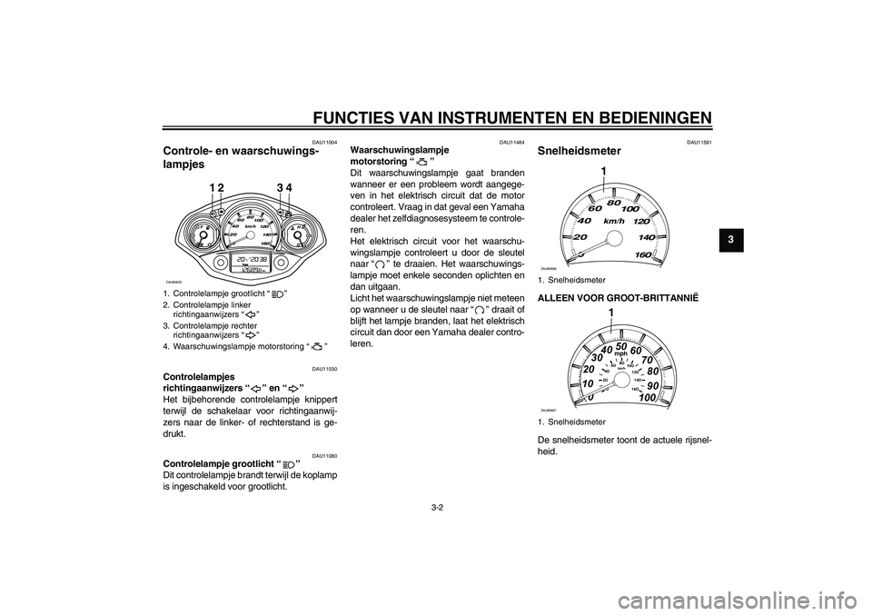 YAMAHA XCITY 250 2010  Instructieboekje (in Dutch) FUNCTIES VAN INSTRUMENTEN EN BEDIENINGEN
3-2
3
DAU11004
Controle- en waarschuwings-
lampjes 
DAU11030
Controlelampjes 
richtingaanwijzers“” en“” 
Het bijbehorende controlelampje knippert
terwi