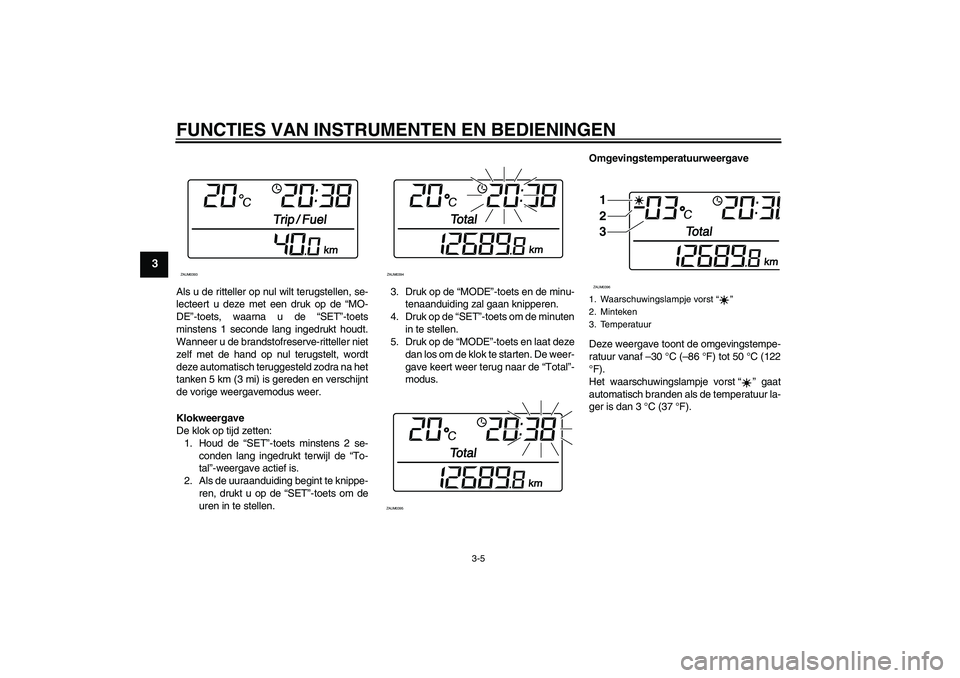 YAMAHA XCITY 250 2010  Instructieboekje (in Dutch) FUNCTIES VAN INSTRUMENTEN EN BEDIENINGEN
3-5
3
Als u de ritteller op nul wilt terugstellen, se-
lecteert u deze met een druk op de “MO-
DE”-toets, waarna u de “SET”-toets
minstens 1 seconde la