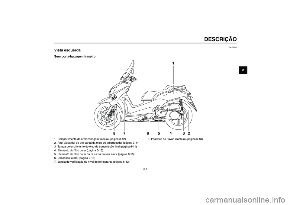 YAMAHA XCITY 250 2010  Manual de utilização (in Portuguese) DESCRIÇÃO
2-1
2
PAU32220
Vista esquerdaSem porta-bagagem traseiro
1
2 3 4 5 76 8
1. Compartimento de armazenagem traseiro (página 3-12)
2. Anel ajustador de pré-carga da mola do amortecedor (pági