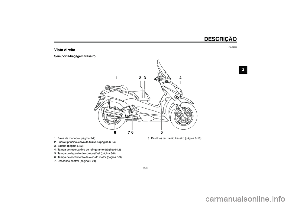 YAMAHA XCITY 250 2010  Manual de utilização (in Portuguese) DESCRIÇÃO
2-3
2
PAU32230
Vista direitaSem porta-bagagem traseiro
2 13 4
5 6 7 8
1. Barra de manobra (página 5-2)
2. Fusível principal/caixa de fusíveis (página 6-24)
3. Bateria (página 6-23)
4.