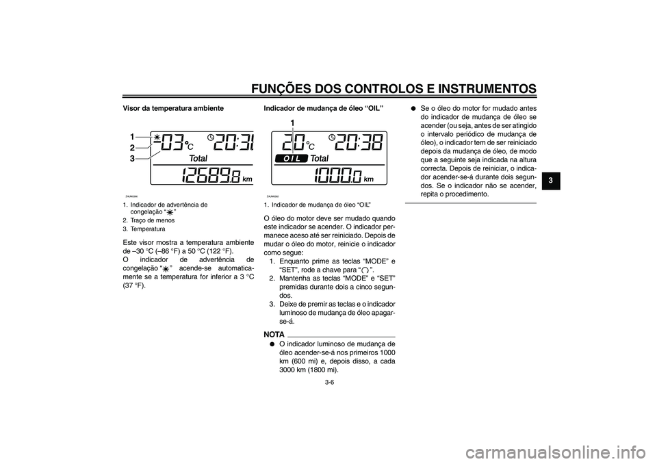 YAMAHA XCITY 250 2010  Manual de utilização (in Portuguese) FUNÇÕES DOS CONTROLOS E INSTRUMENTOS
3-6
3
Visor da temperatura ambiente
Este visor mostra a temperatura ambiente
de –30 °C (–86 °F) a 50 °C (122 °F).
O indicador de advertência de
congela