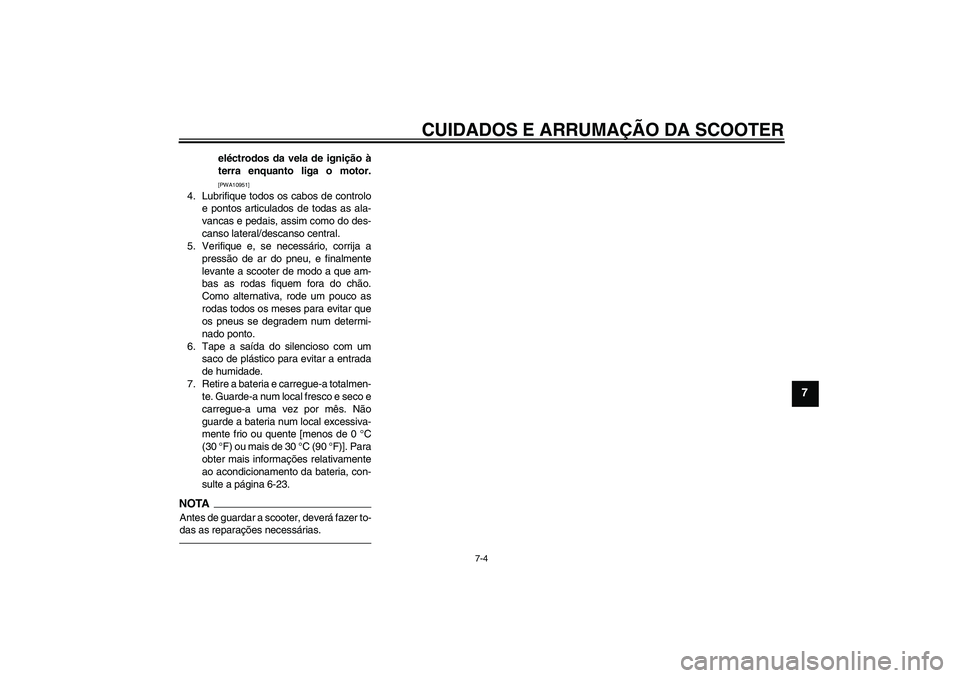 YAMAHA XCITY 250 2010  Manual de utilização (in Portuguese) CUIDADOS E ARRUMAÇÃO DA SCOOTER
7-4
7
eléctrodos da vela de ignição à
terra enquanto liga o motor.[PWA10951]
4. Lubrifique todos os cabos de controlo
e pontos articulados de todas as ala-
vancas