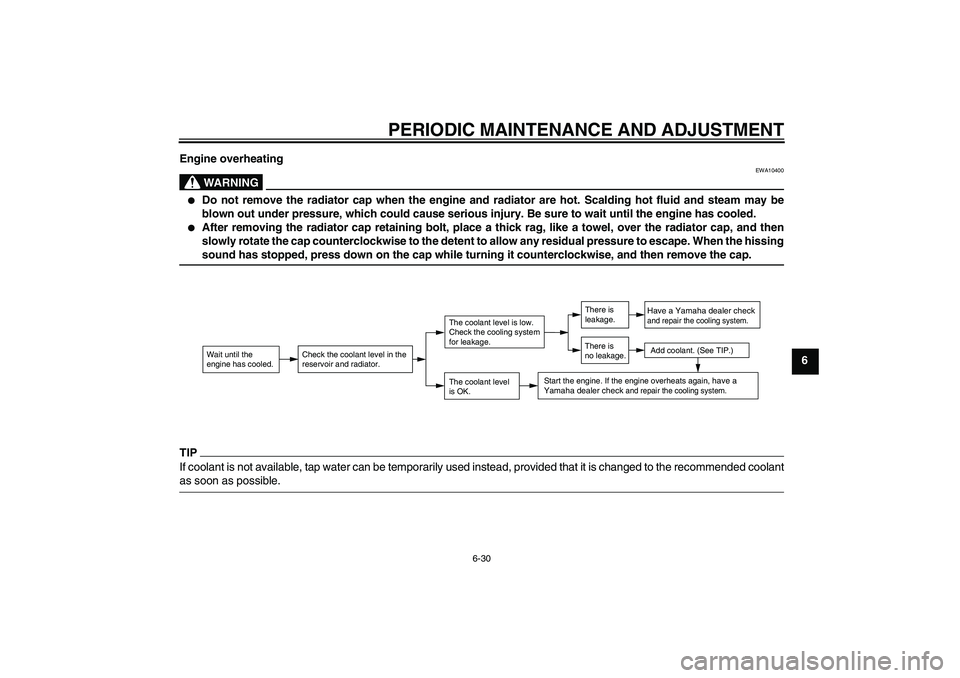 YAMAHA XCITY 250 2009 Repair Manual PERIODIC MAINTENANCE AND ADJUSTMENT
6-30
6 Engine overheating
WARNING
EWA10400

Do not remove the radiator cap when the engine and radiator are hot. Scalding hot fluid and steam may be
blown out unde