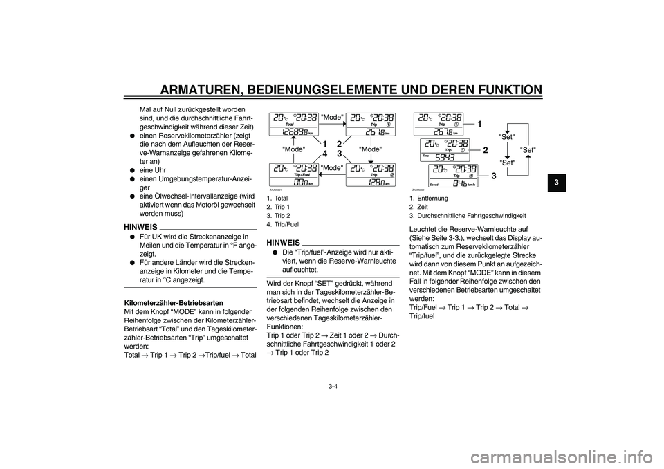 YAMAHA XCITY 250 2009  Betriebsanleitungen (in German) ARMATUREN, BEDIENUNGSELEMENTE UND DEREN FUNKTION
3-4
3
Mal auf Null zurückgestellt worden 
sind, und die durchschnittliche Fahrt-
geschwindigkeit während dieser Zeit)

einen Reservekilometerzähler