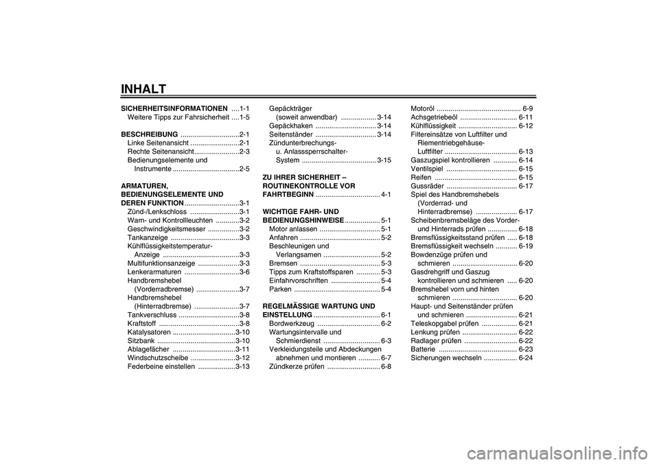 YAMAHA XCITY 250 2009  Betriebsanleitungen (in German) INHALTSICHERHEITSINFORMATIONEN ....1-1
Weitere Tipps zur Fahrsicherheit ....1-5
BESCHREIBUNG ..............................2-1
Linke Seitenansicht .........................2-1
Rechte Seitenansicht....