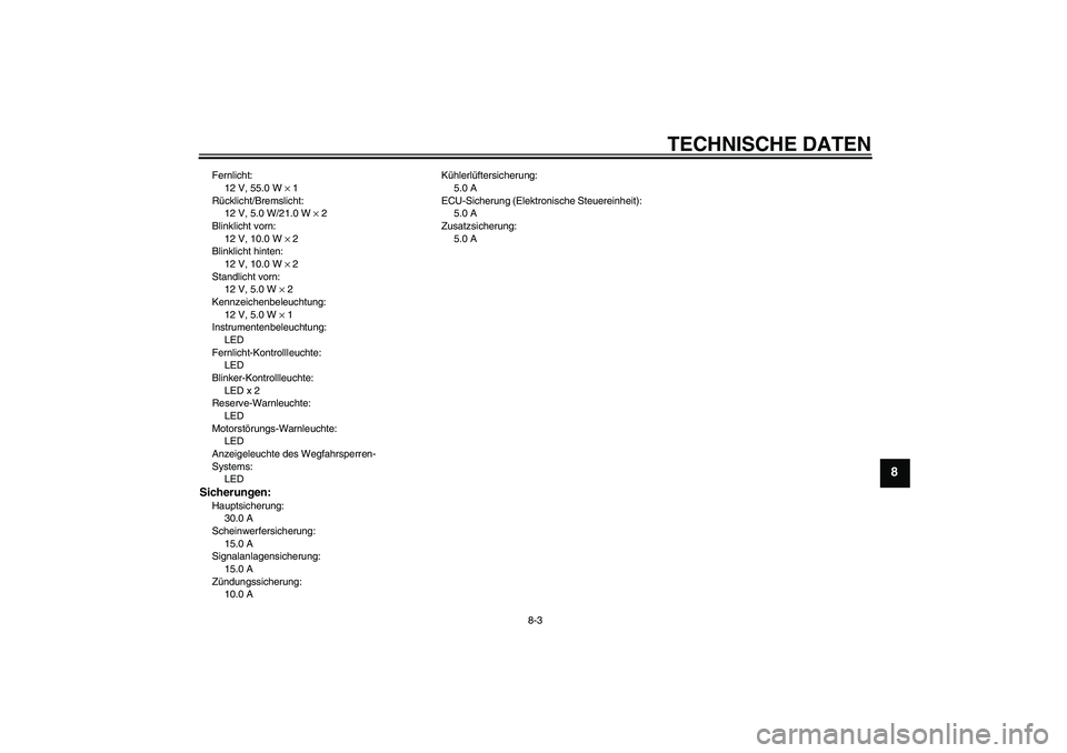 YAMAHA XCITY 250 2009  Betriebsanleitungen (in German) TECHNISCHE DATEN
8-3
8
Fernlicht:
12 V, 55.0 W × 1
Rücklicht/Bremslicht:
12 V, 5.0 W/21.0 W × 2
Blinklicht vorn:
12 V, 10.0 W × 2
Blinklicht hinten:
12 V, 10.0 W × 2
Standlicht vorn:
12 V, 5.0 W 