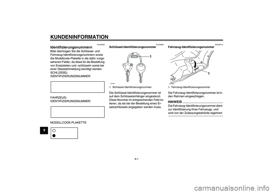 YAMAHA XCITY 250 2009  Betriebsanleitungen (in German) KUNDENINFORMATION
9-1
9
GAU26351
Identifizierungsnummern Bitte übertragen Sie die Schlüssel- und 
Fahrzeug-Identifizierungsnummern sowie 
die Modellcode-Plakette in die dafür vorge-
sehenen Felder,