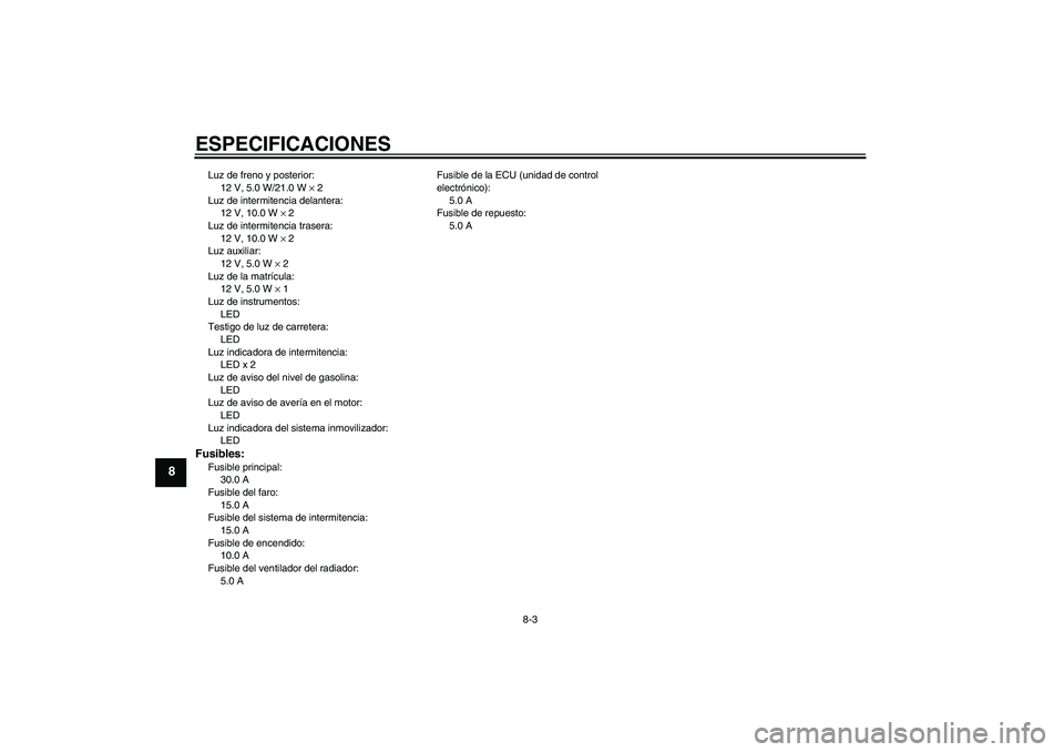 YAMAHA XCITY 250 2009  Manuale de Empleo (in Spanish) ESPECIFICACIONES
8-3
8
Luz de freno y posterior:
12 V, 5.0 W/21.0 W × 2
Luz de intermitencia delantera:
12 V, 10.0 W × 2
Luz de intermitencia trasera:
12 V, 10.0 W × 2
Luz auxiliar:
12 V, 5.0 W × 