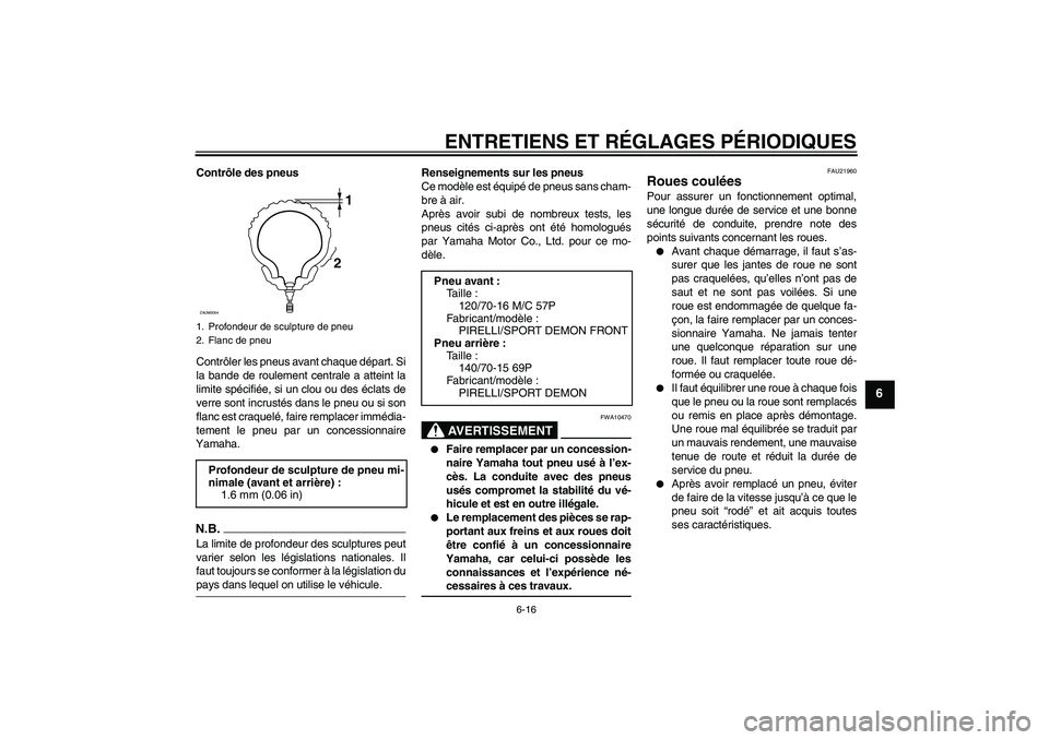 YAMAHA XCITY 250 2009  Notices Demploi (in French) ENTRETIENS ET RÉGLAGES PÉRIODIQUES
6-16
6
Contrôle des pneus
Contrôler les pneus avant chaque départ. Si
la bande de roulement centrale a atteint la
limite spécifiée, si un clou ou des éclats 